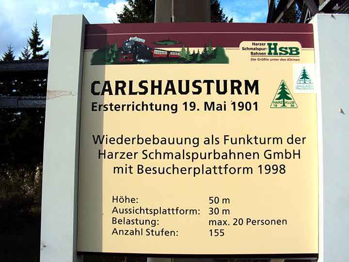 Schild am Carlshausturm auf der Carlshaushöhe bei Trautenstein