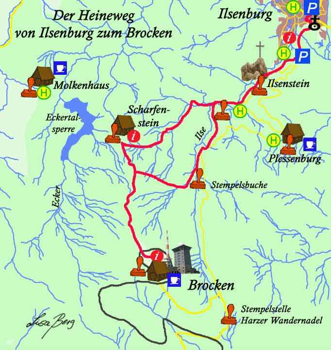 Wanderkarte Heinrich-Heine-Wanderweg von Ilsenburg zum Brocken