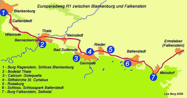 Karte Europaradweg R1 von Blankenburg nach Falkenstein