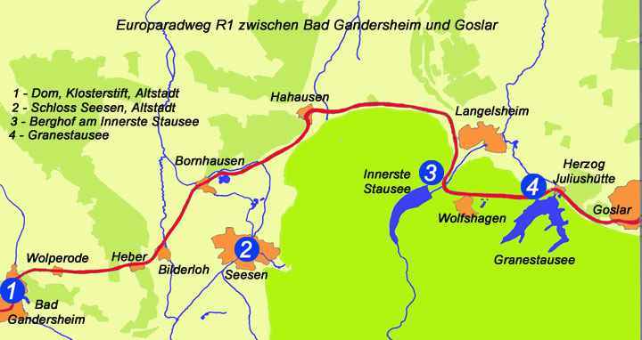 Karte Europaradweg R1 von Bad Gandersheim nach Goslar