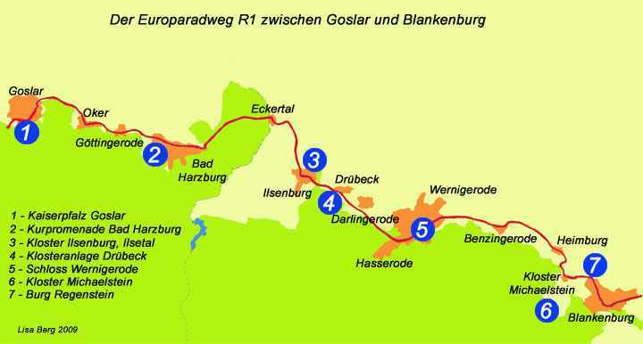 Karte Europaradweg R1 von Goslar nach Blankenburg